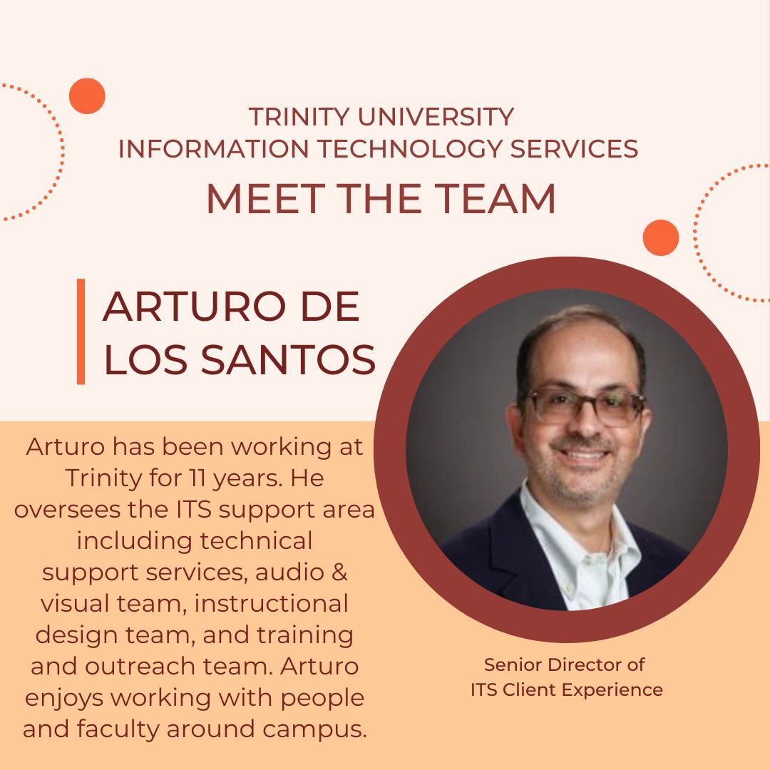 TrinityU_ITS's tweet photo. Meet Arturo De los Santos! He is the Director of ITS Client Experience. Arturo supports the growth and success of ITS! π― π₯οΈ #technology #TrinityITS #TrinityUniversity #TrinityUITS #trinitytigers #TigerPride https://t.co/hyD88m5YNq