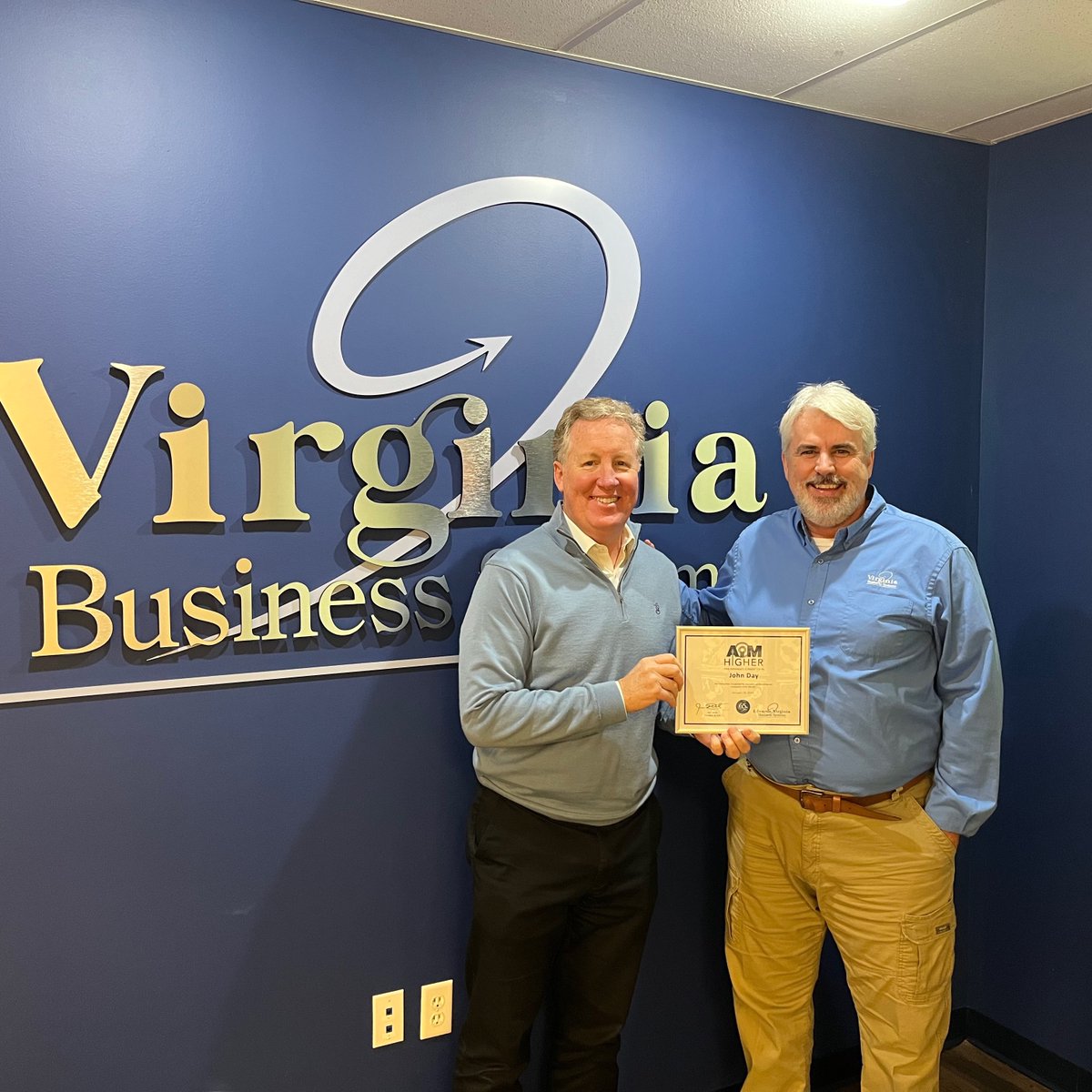 VABusinessSys's tweet photo. Congratulations to our quarterly AIM Higher Award winners, John Day and Rick Lingon! Thank you both for your outstanding commitment to upholding our company's values. https://t.co/svr0wl62sR