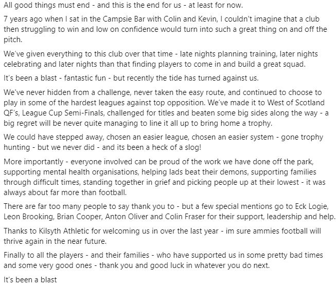 Thanks to all our supporters, sponsors, players, friends and family. Its been great being part of the <a href="/FCSAFL/">Football Central AFL</a> set up. Some fantastic sides in there - some top people.
I'm sure we'll be back someday