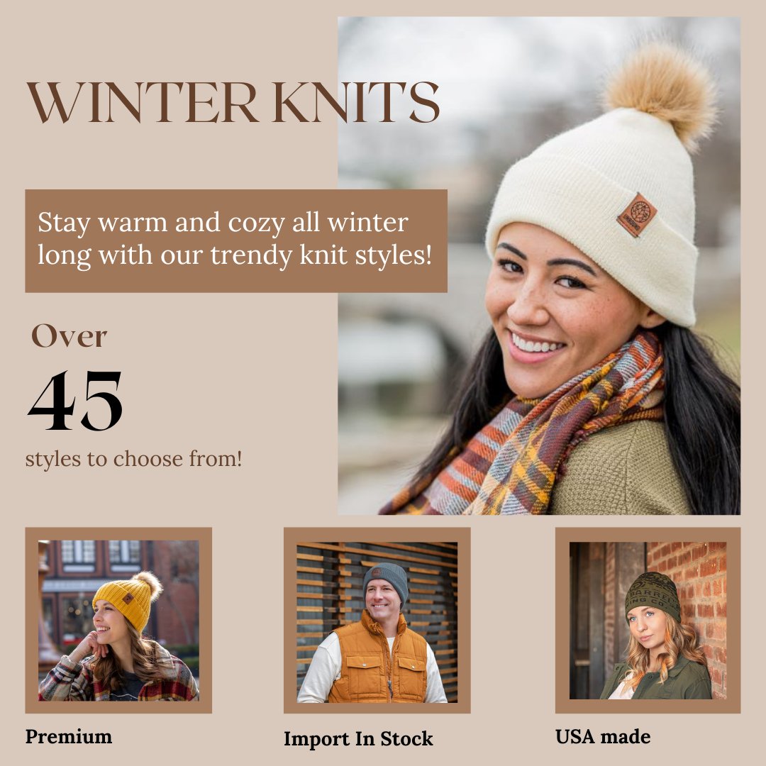 Stay warm *and* stylish this winter! Cap America knits are designed to keep you cozy and make a statement. ❄️ Browse our variety of styles online or contact your customer service rep to get started on your next winter headwear project!