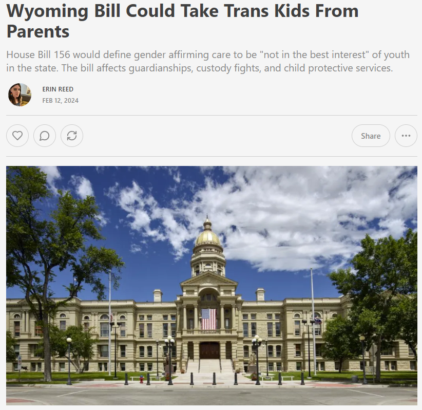 1. A new bill in Wyoming could take transgender kids from parents. It would have huge effects on foster care, guardianships, and more.

It states all best interest findings must presume "gender affirming care is not in the best interest" of youth.

Subscribe to support my work.