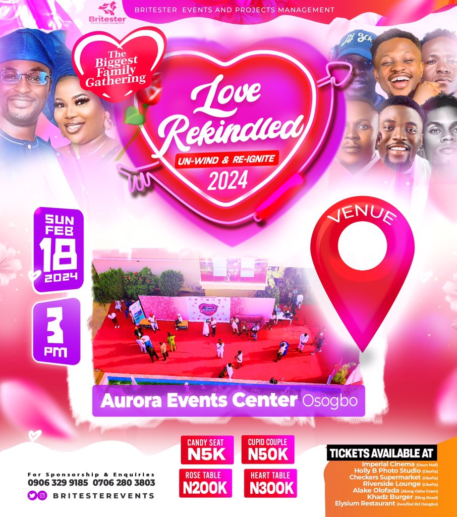 💞 LOVE REKINDLED'24 💞

Join Us This Coming Sunday  <a href="/Aurora/">Dawn</a> Events Centre Osogbo

THE BIGGEST FAMILY GATHERING 💞💖

Tickets Selling Fast
 Check Flyer for More info x Reservations 📌