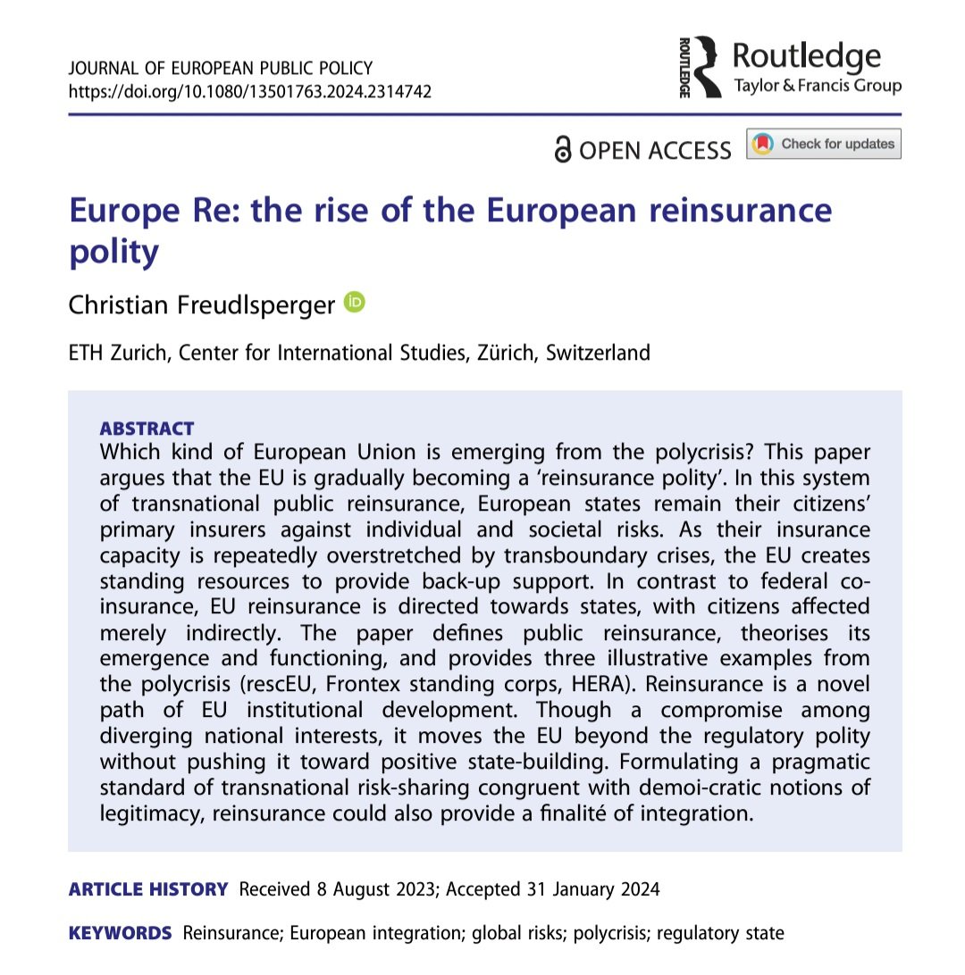 Happy this is finally out: My paper on the EU as a 'reinsurance polity' now has a home @jepp_journal. Check it out here: doi.org/10.1080/135017… Also, I was recently awarded an @snsf_ch Starting Grant to continue working on this for the next five years. Can't wait to get started