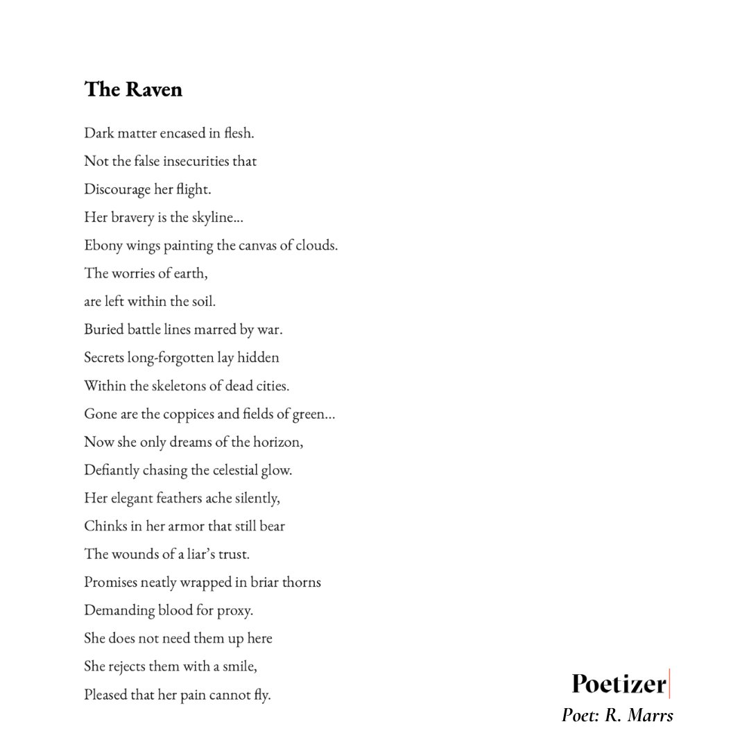 ''Her bravery is the skyline...
Ebony wings painting the canvas of clouds.''

Rise above &amp; level up. What message are you taking from this poem?

bit.ly/49bTYno
#PoetizerPoet R.Marrs