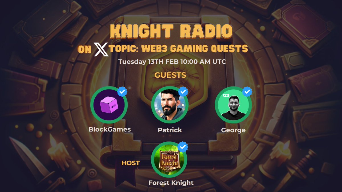 ForestKnight_io's tweet image. WEB3 Gaming Quests⚔️

Join us this Tuesday as we discuss the WEB3 Gaming Quests evolving through the years🚀

3 Whitelist spots will be raffled in the spaces🤩

Set Reminder Below👇
