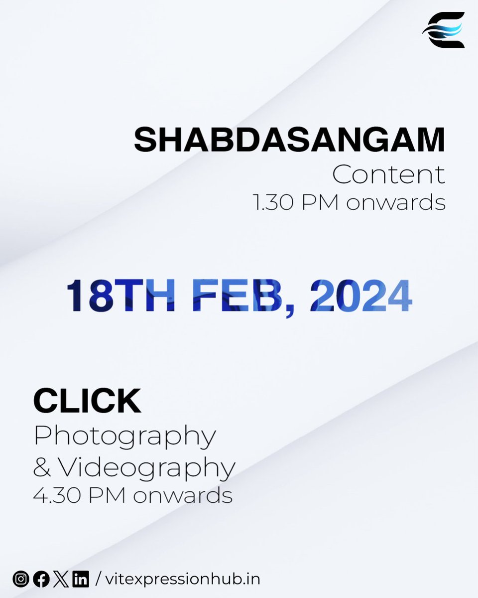 vit_expression's tweet photo. VEH presents Community meetups, exclusively for its community members.

𝐒𝐡𝐚𝐛𝐝𝐚𝐬𝐚𝐧𝐠𝐚𝐦- 
Date - 𝟭𝟴𝘁𝗵 𝗙𝗲𝗯𝗿𝘂𝗮𝗿𝘆, 𝟮𝟬𝟮𝟰
Time - 𝟭:𝟯𝟬 𝗣𝗠 𝗼𝗻𝘄𝗮𝗿𝗱𝘀

𝐂𝐥𝐢𝐜𝐤 - 
Date - 𝟭𝟴𝘁𝗵 𝗙𝗲𝗯𝗿𝘂𝗮𝗿𝘆, 𝟮𝟬𝟮𝟰
Time - 𝟰:𝟯𝟬 𝗣𝗠 𝗼𝗻𝘄𝗮𝗿𝗱𝘀 https://t.co/lVyv3ajhXx