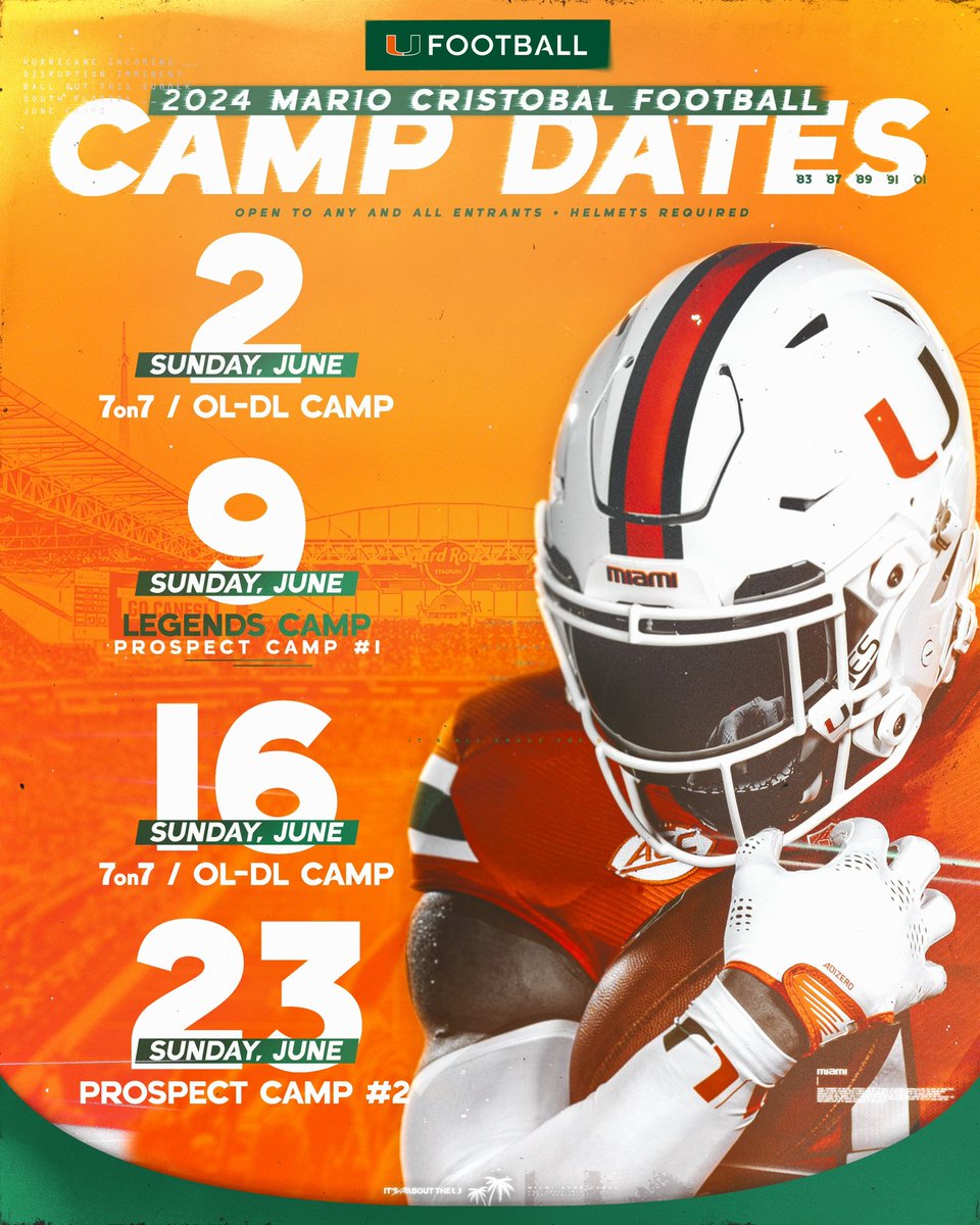 The 2024 @coach_cristobal football camp dates are SET 🙌 Who’s ready to compete? Register here: Cristobalcamps.com