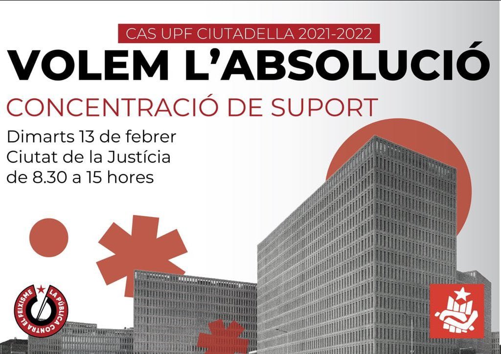 ⬛️🟥 DIMARTS 13 de febrer estarem a la concentració de suport a l’última jornada del judici polític contra les 4 estudiants antifeixistes que van plantar cara a S’ha Acabat

Contra el feixisme i la repressió, teixim unitat d’acció anticapitalista i antifeixista

<a href="/publicaantifa/">La Pública Contra el Feixisme</a> ✊