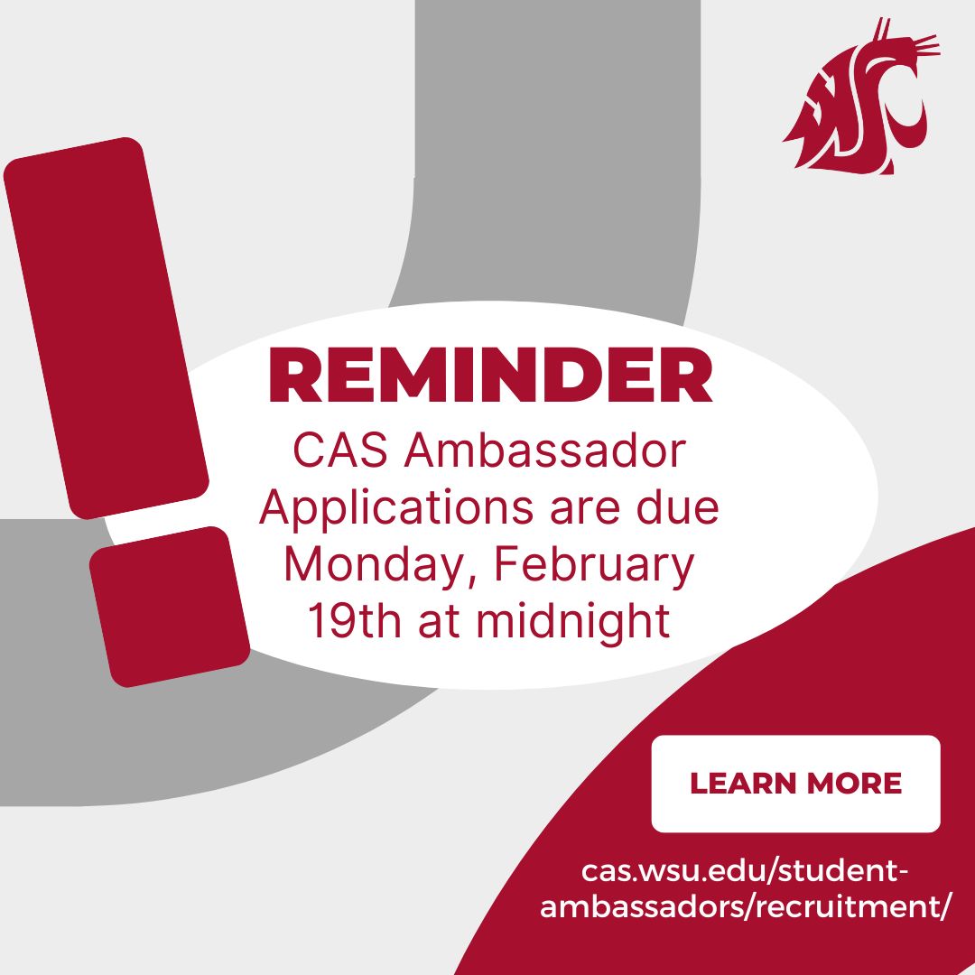 For anyone interested in becoming a CAS Student Ambassador for the 2024-25 school year, applications are due in one week! Make sure to get your applications in before the deadline closes.

#GoCougs