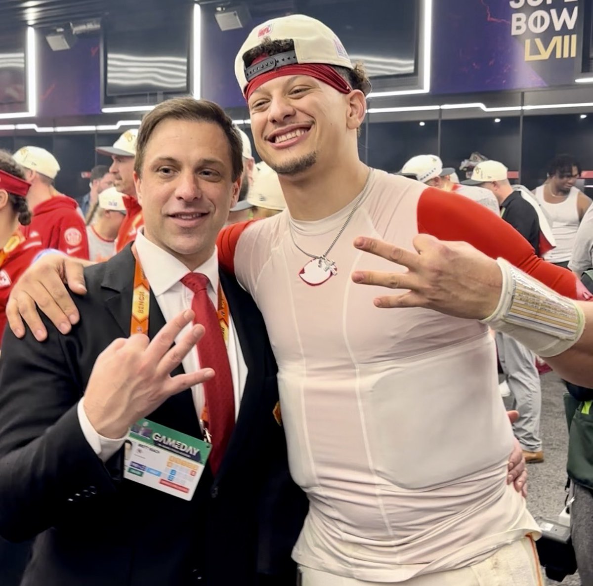 Kansas City Chiefs GM Brett Veach and quarterback Patrick Mahomes pose for  photos in the Chiefs locker room after the team won its third Super Bowl  since 2020