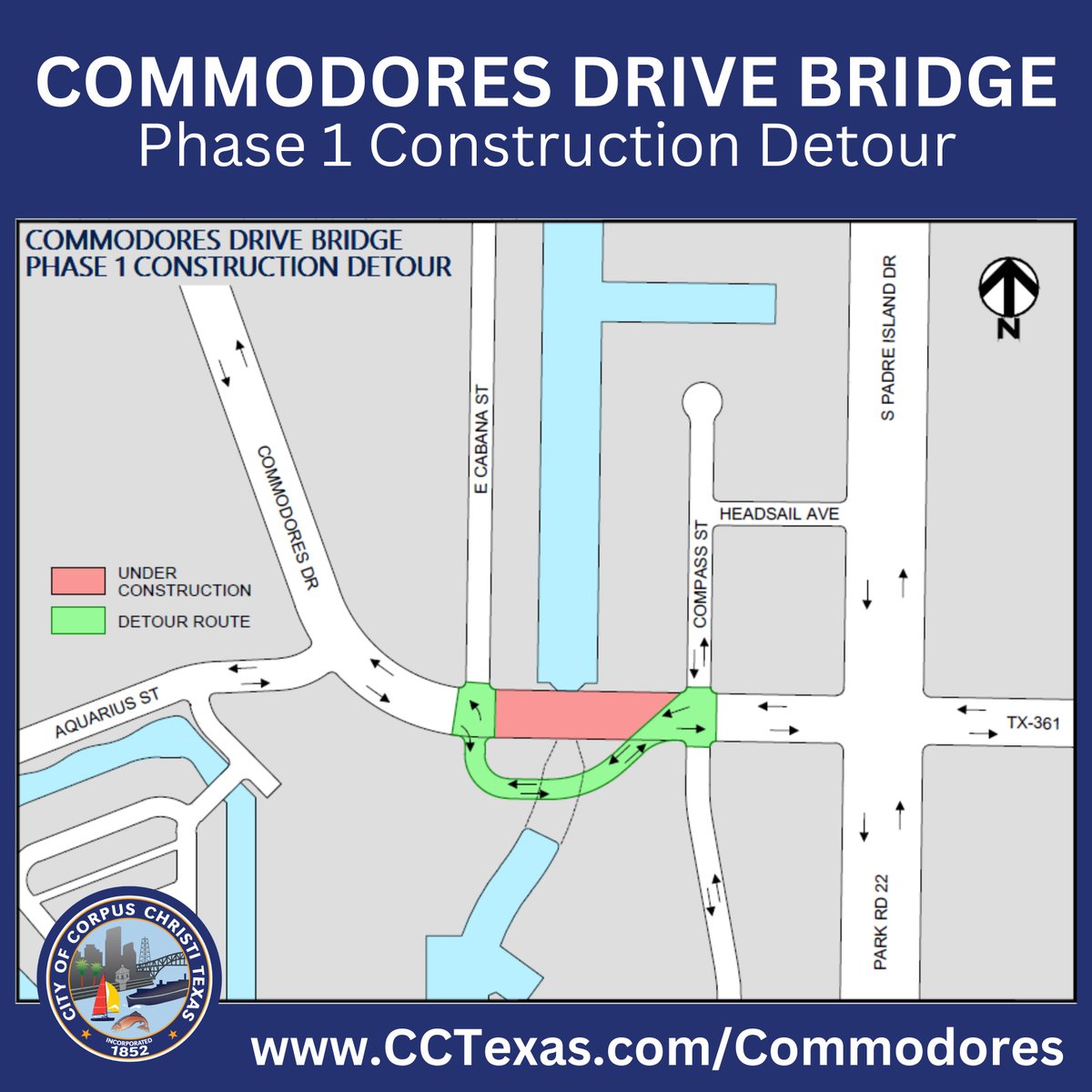 PublicWorksCC's tweet photo. The Commodores Drive Bridge, a public/private partnership, is in development! Commodores Drive between East Cabana Steet and Compass Street is closed. See the map for detour info.

Learn more about this project: https://t.co/fm7SyUm8Ow

#CCTraffic #CCBridges #CCEngineering https://t.co/78NWPfwJTJ