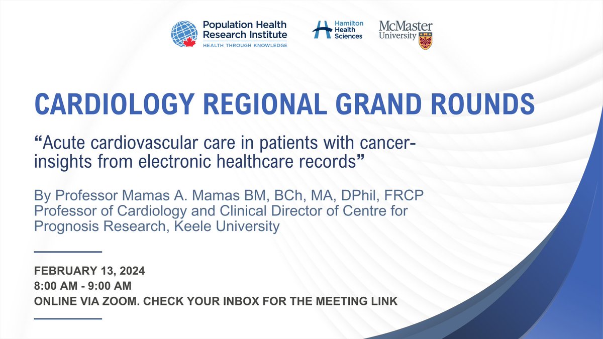 📢 Calling all @MacDeptMed faculty, students, and #PHRI researchers! 🫀 Join us for this week's Cardiology Regional Grand Round with Prof. @mmamas1973 from @KeeleUniversity tomorrow. Check your inbox for the link! @hvanspall #CardiologyRound #MedicalEducation #HealthResearch