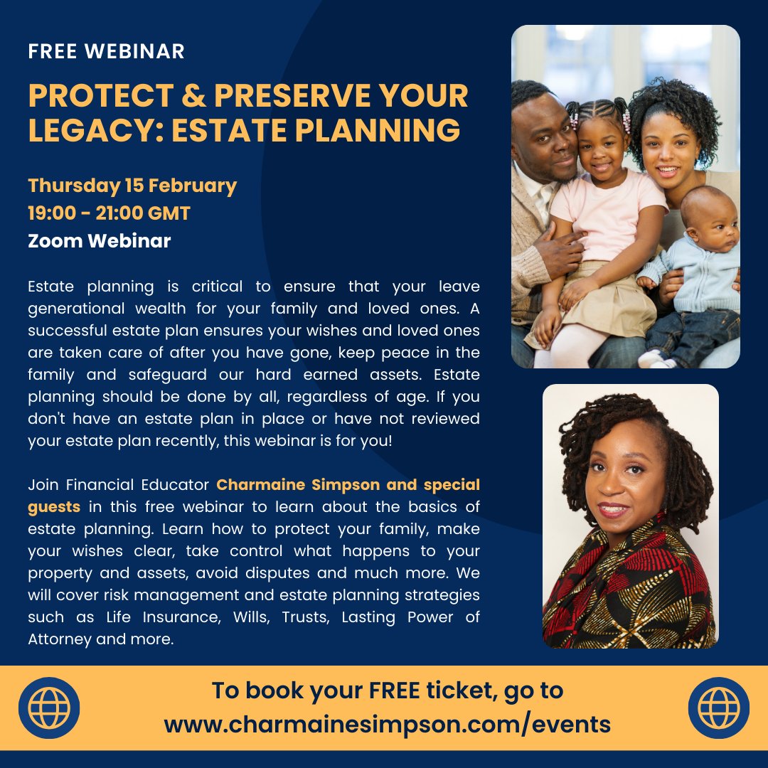 BlkHistStudies's tweet photo. Join us for a FREE webinar on 'Protecting &amp; Preserving Your Legacy: Estate Planning on Thursday 15 February 2024 @ 19:00 GMT! Learn how to protect your family and the basics of estate planning. Book here https://t.co/bkBnyvvEei #estateplanning https://t.co/oSdGnqBNHo
