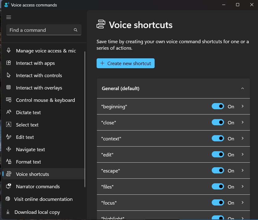 breynoldz's tweet photo. Man, the @windows "Voice Access" -> "Voice Shortcuts" is a total game changer. Its function is what the name states basically word shorts to accomplish a task such as opening an app, running a keyboard shortcut/macro, etc! https://t.co/uwcOfsdDeH