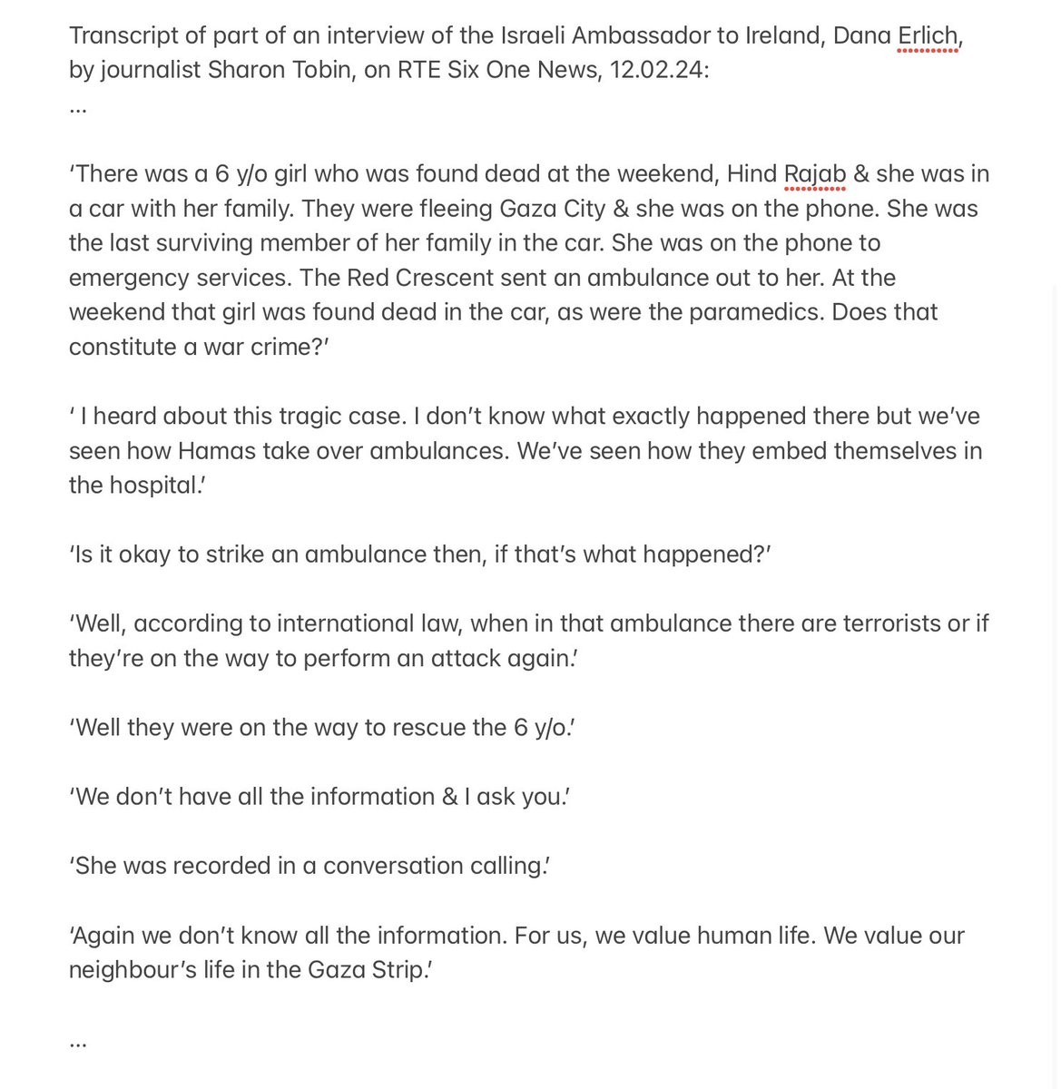 IrPsych's tweet photo. @rtenews Transcript of how the Israeli Ambassador to Ireland responded when asked about the death of 6 year old Hind Rajab.
(Transcribed from interview on #RTESixOneNews). https://t.co/izrGvRh2hX
