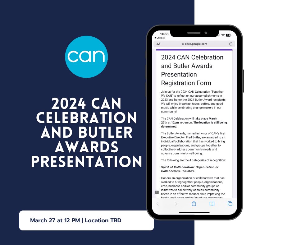 Join us March 27th to celebrate CAN's accomplishments in 2023 &amp; recognize the change makers in our community with the presentation of the 2024 Butler Awards. Stay tuned for a post about this year's Butler Award recipients!
Register at forms.gle/DQYWs2MsAniE3M…