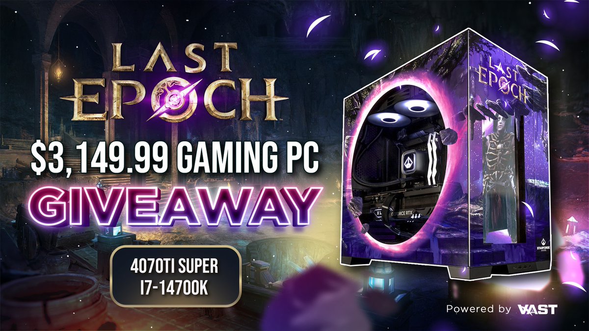 $3,149.99 RTX 4070Ti Super Gaming PC Giveaway! To enter, perform these tasks via the link below: ♣️ Retweet + Like ♦️ Follow @LastEpoch Enter Here: vast.link/LastEpoch