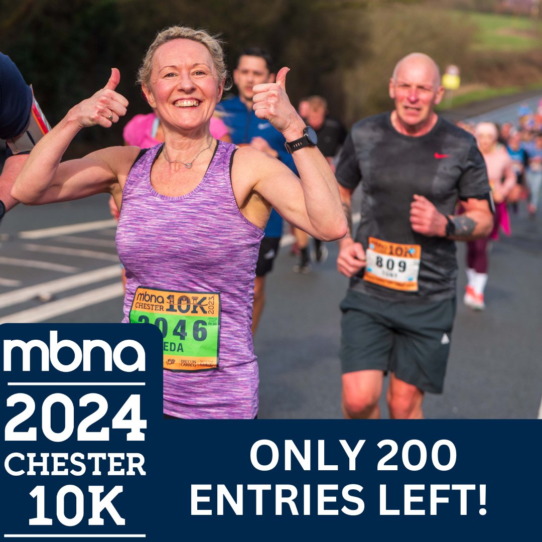 We're down to our last 200 entries for the 2024 MBNA Chester 10K. We strongly advise entering ASAP if you want to join us on Sunday 10th March. Time is running out Based on entries to date, we could sell out within 24 hours! Don't forget if you want to take on the 2024 Chester…