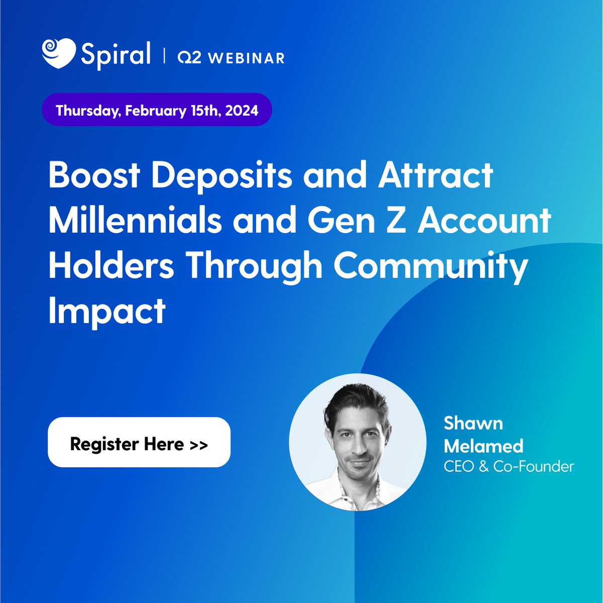 We’re only 3 days away from our exclusive session with Spiral’s CEO, Shawn Melamed! ⏰ Join us to learn how financial institutions can use new solutions in Q2 to grow deposits and engage new accounts via community and environmental impact. 🌿 👉 bit.ly/q2wbnr