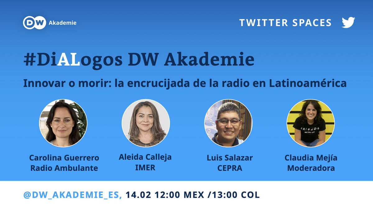 DW Akademie América Latina (@dw_akademie_es) on Twitter photo 🎙️¿Ha llegado la radio al fin de sus días? ¿Qué papel tienen el #podcast y las radios comunitarias en la transformación de #AméricaLatina?
📢 Lo cuestionaremos en #DiALogosDWAkademie con <a href="/nuncaduermo/">Carolina Guerrero</a> de <a href="/radioambulante/">Radio Ambulante</a>, Aleida Calleja de <a href="/imerhoy/">IMER</a> y Luis Salazar de <a href="/CepraBolivia/">Cepra Bolivia</a> 🎙️¿Ha llegado la radio al fin de sus días? ¿Qué papel tienen el #podcast y las radios comunitarias en la transformación de #AméricaLatina?
📢 Lo cuestionaremos en #DiALogosDWAkademie con <a href="/nuncaduermo/">Carolina Guerrero</a> de <a href="/radioambulante/">Radio Ambulante</a>, Aleida Calleja de <a href="/imerhoy/">IMER</a> y Luis Salazar de <a href="/CepraBolivia/">Cepra Bolivia</a>