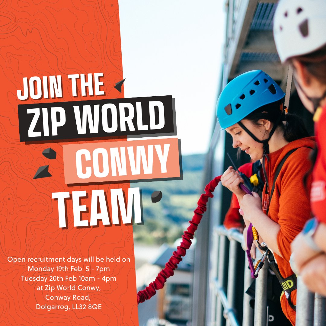 Fancy joining the all-new Zip World Conwy team? We're on the lookout for: 👉 Instructors (training provided) 👉 Reception team members 👉 Food and Beverage Front of House team members 👉 Kitchen team members 👉 Cleaners Info on the recruitment open days in the picture :)
