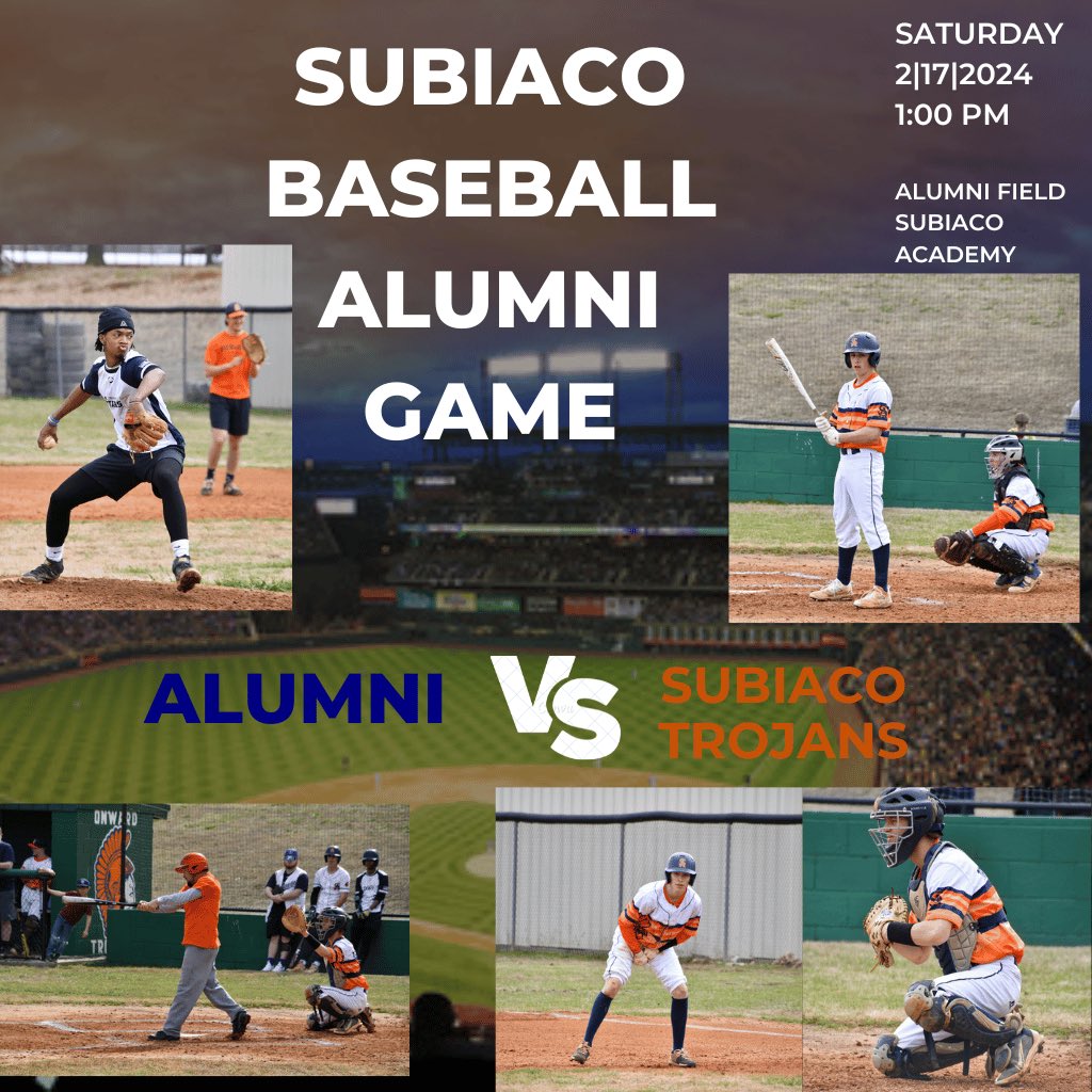 SubiBaseball's tweet image. The 2024 Alumni Game is 5 days away. 

Alumni Team vs your 2024 Subiaco Trojans baseball team. 

Saturday February 17th at 1:00 pm at Alumni Field. 

For any questions Contact Coach Haas at 479-276-2552 or thaas@subi.org 

Onward Trojans ⚾️ STP
