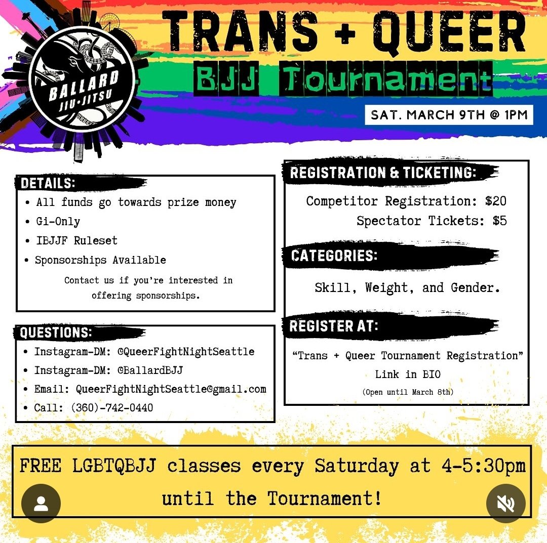 hazeldeeznuts's tweet photo. If anyone in the Seattle area wants free queer friendly jiu jitsu classes or a trans inclusive bjj tournament, Gwen Roote at Ballard Jiu Jitsu has you covered!
https://t.co/8jfmPGUN5O https://t.co/5cDGp3Awm2