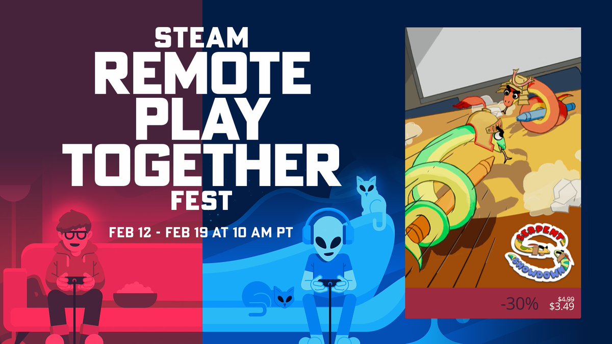 Serpent Showdown is participating in the Steam Remote Play Together Fest this year! Grab it for 30% off and support your fellow #indiedev peeps! 
tinyurl.com/serpents-on-st…
-
#gamedev #steamdeals #snek