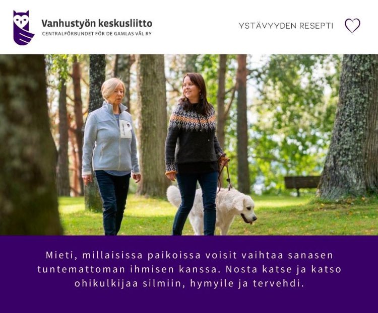 Ystäväpiiri-toiminnan vinkki ystävyyden vaalimiseen: 
Mieti, millaisissa paikoissa voisit vaihtaa sanasen tuntemattoman ihmisen kanssa. Nosta katse ja katso ohikulkijaa silmiin, hymyile ja tervehdi.

#YstävyydenResepti #Ystävänpäivä #Ystäväpiiri 

vanheneminen.fi/eivat-vuodet-i…