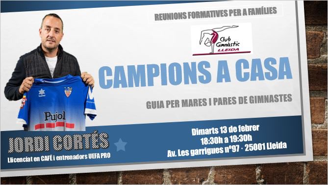 jcortes_79's tweet photo. 📆 Dimarts 13 de febrer
⌚️ 18:30 h.
📌 Club Gimnàstic Lleida

"Campions a casa"
Guia per a mares i pares de gimnastes

@CGLleida https://t.co/4cogFK0y5J