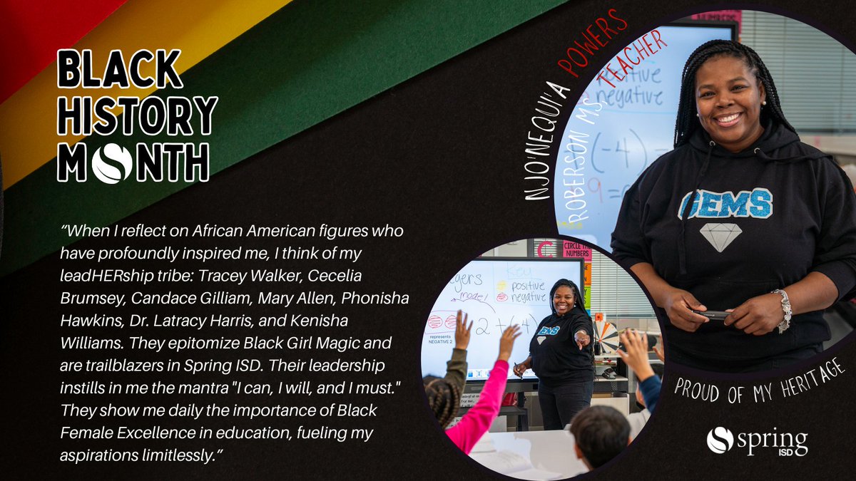 Celebrate with us as we pay tribute to #BlackHistoryMonth! We're spotlighting extraordinary African Americans who uplift our Spring ISD community. Today, join Mrs. Powers, @RobersonSpring Teacher, as she shares who has made a lasting impact on her journey and why.