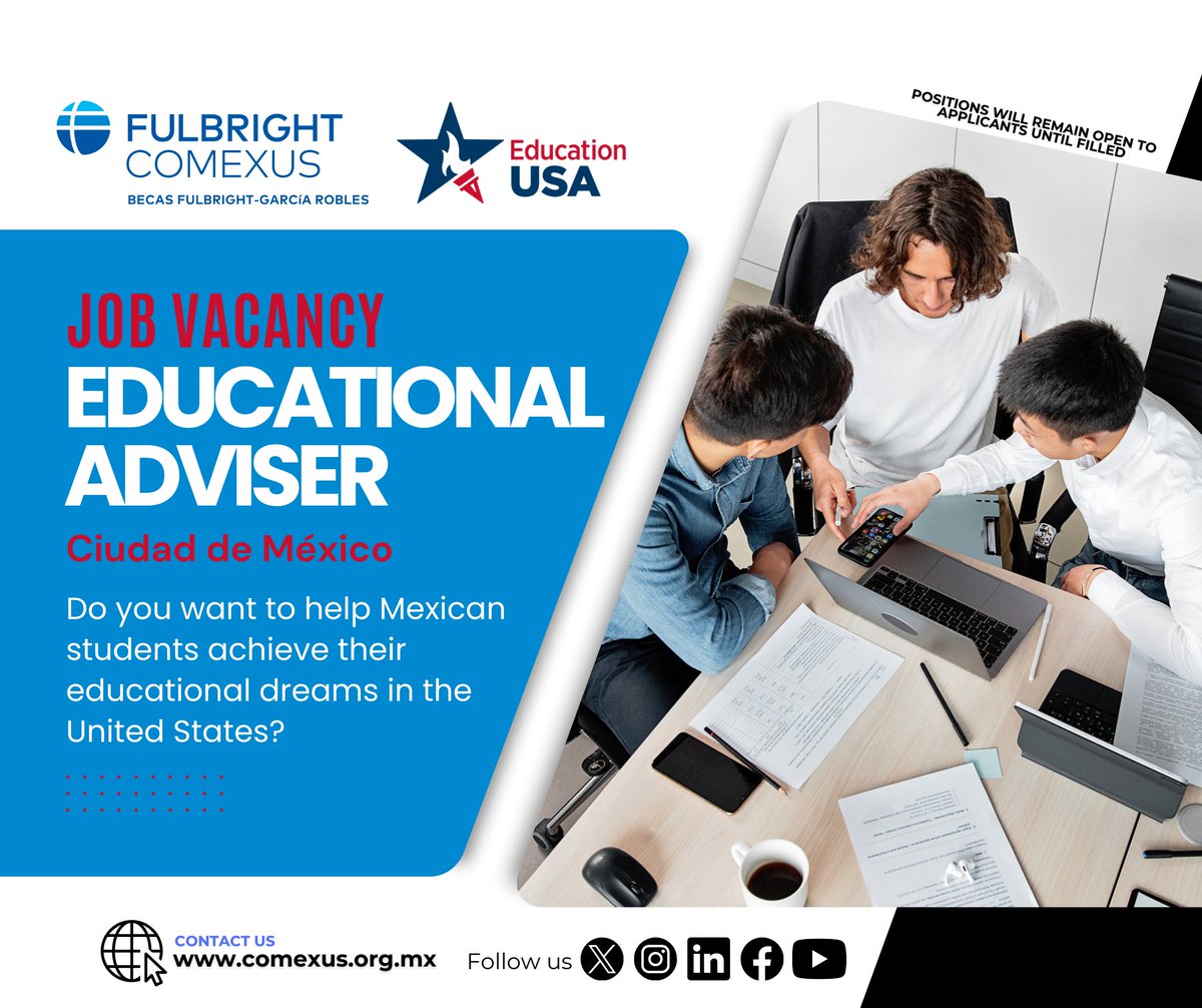 Would you like to work hand-in-hand with #COMEXUS to support the study journeys of Mexican students🎓? We are currently recruiting #EducationalAdvisers for Mexico City, to collaborate with both EducationUSA and COMEXUS. 👇🏼 comexus.org.mx/docs/vacante_A…