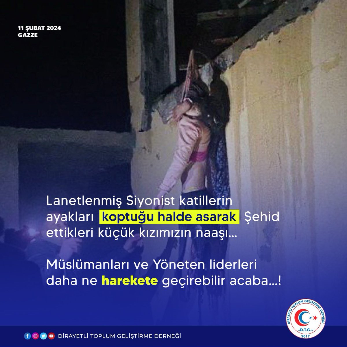 Lanetlenmiş Siyonist katillerin
Ayakları koptuğu halde asarak Şehid ettikleri küçük kızımızın naaşı…

Müslümanları ve Yöneten liderleri daha ne harekete geçirebilir acaba…!