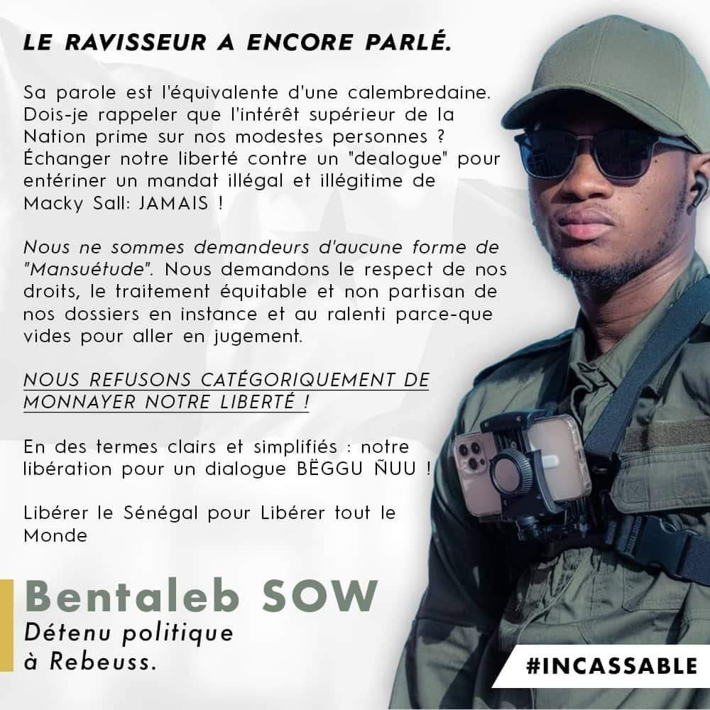 SowBentaleb's tweet photo. Le ravisseur a encore parlé. 
Sa parole est l'équivalente d'une calembredaine
Dois-je rappeler que l'intérêt supérieur de la Nation prime sur nos modestes personnes ?
Échanger notre liberté contre un "dealogue" pour entériner un mandat illégal et illégitime de Macky Sall: JAMAIS https://t.co/AKaxo0HtK8