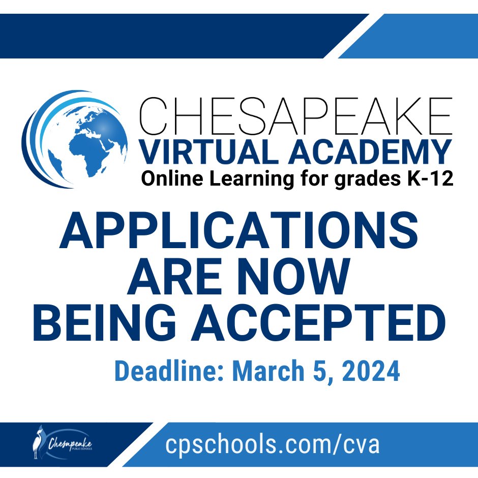 Our Chesapeake Virtual Academy (CVA) is proud to offer fully online courses to K-12 students enrolled in Chesapeake Public Schools. Applications are now being accepted for next school year. Students should apply online by March 5, 2024: cpschools.com/cva