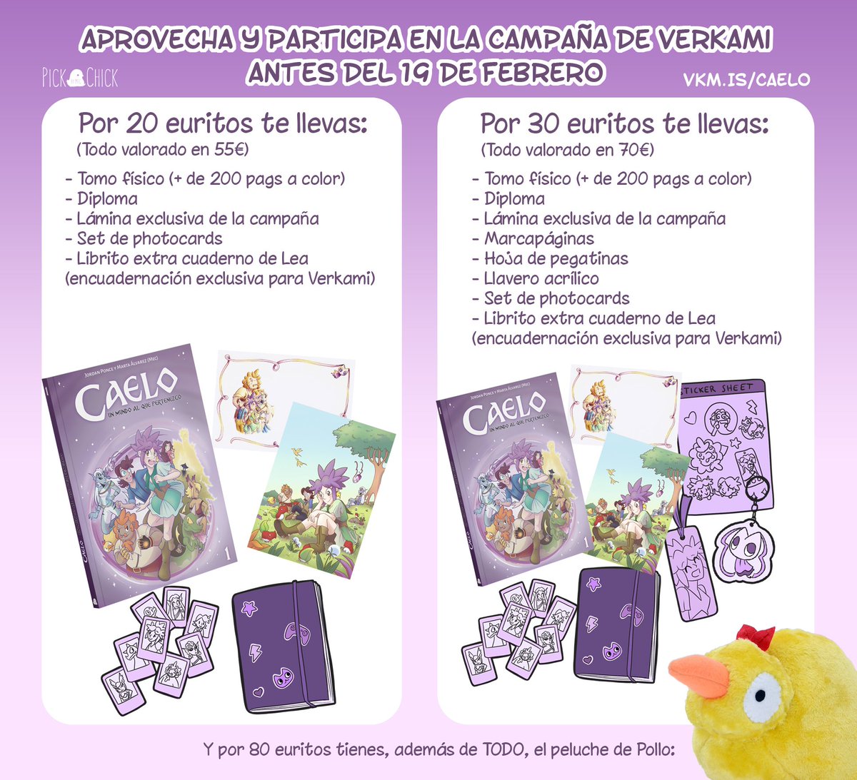 Twitter, haz tu magia! Queda una semanita de campaña del cómic, y hemos conseguido desbloquear muchos extras, así que si queréis nuestro bebé ahora es el momento de conseguirlo con un huevo de regalitos exclusivos ✨❤️ vkm.is/caelo