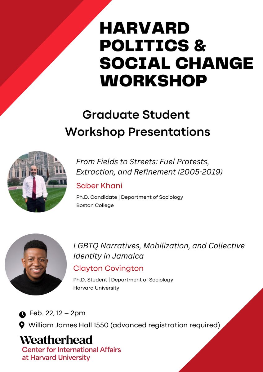 HarvardPolSoc's tweet photo. Next week's PSC session will be a graduate student workshop featuring Ph.D. Candidate Saber Khani of @BostonCollege and Ph.D. Student @claytonccov of @HarvardSoc! RSVP by today to join the conversation: https://t.co/NOi0zwi5rm https://t.co/U49Al0QCmx