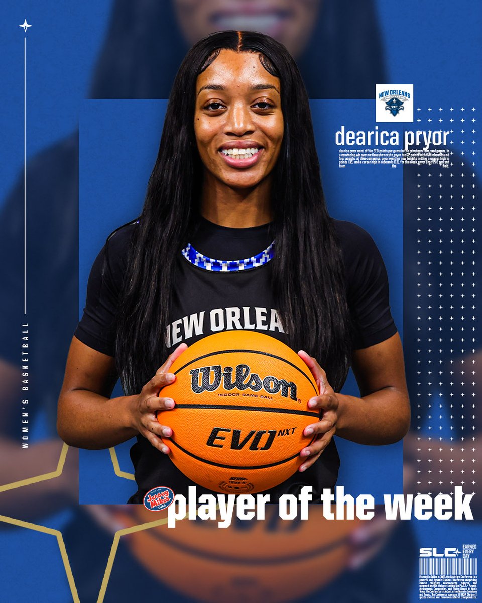 SouthlandSports's tweet photo. Two games... Fifty four points... 55.6% from the field...

For the second time this season... DeArica Pryor of New Orleans is your @jerseymikes SLC Women's Basketball Player of the Week!

Congratulations DeArica!

#EarnedEveryDay https://t.co/3JlApxx9MT