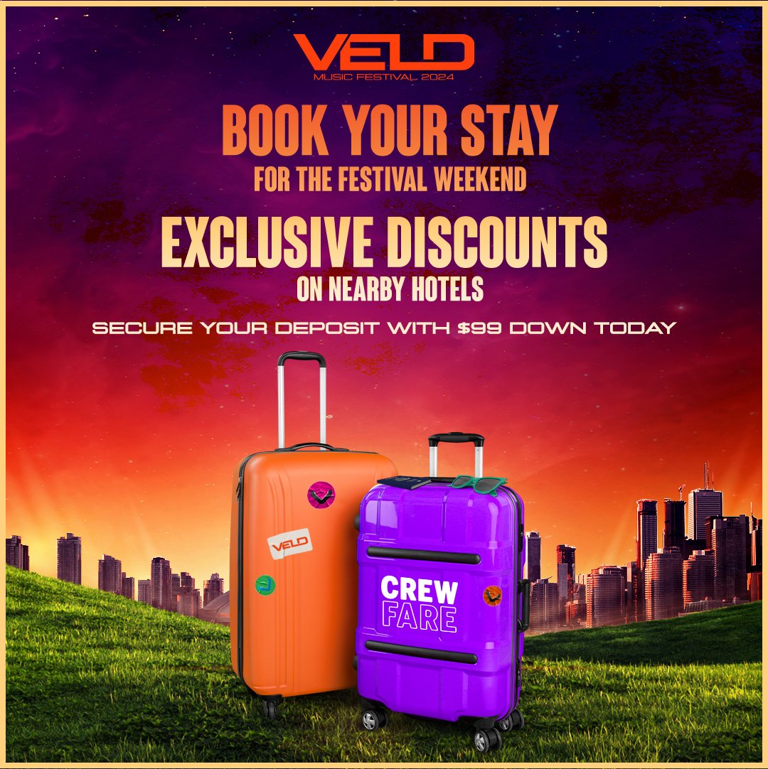 Looking for a place to stay during VELD weekend? Check out these approved hotels and spend less time browsing the web for the best prices! 🔸 Offering you exclusive discounts and payment plans for only $99 down! Secure yours today through 👉 veldmusicfestival.com/travel @crewfare