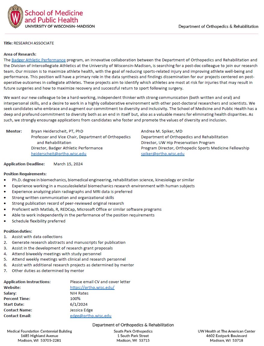 BadgerAthPerformance (@uwbadgerap) on Twitter photo We're #hiring a #postdoc for post-op outcomes research. This position will work w/ BAP & the UW Hip Preservation Program, lead by <a href="/DrAndreaSpiker/">Andrea Spiker, MD</a>. Please share w/ your networks!
Details & application instructions below & available at bit.ly/3T65ifn (Search "Injuries") We're #hiring a #postdoc for post-op outcomes research. This position will work w/ BAP & the UW Hip Preservation Program, lead by <a href="/DrAndreaSpiker/">Andrea Spiker, MD</a>. Please share w/ your networks!
Details & application instructions below & available at bit.ly/3T65ifn (Search "Injuries")