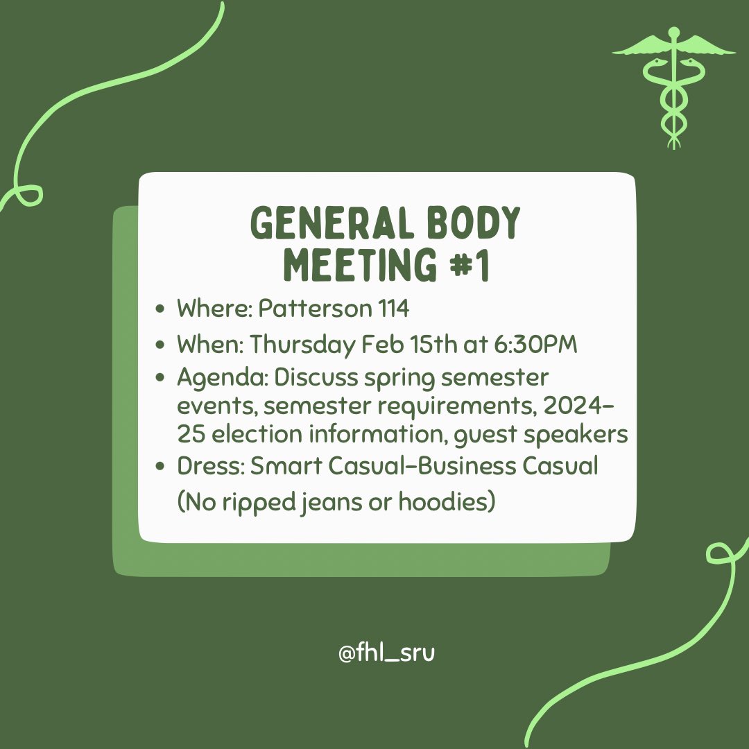 FHL_SRU's tweet photo. This Thursday in PATTERSON 114 is our first GBM!!!
❕Reminder the dress is smart casual - business casual.
🤩 We hope to see you all there! https://t.co/hUkSS9zOaR