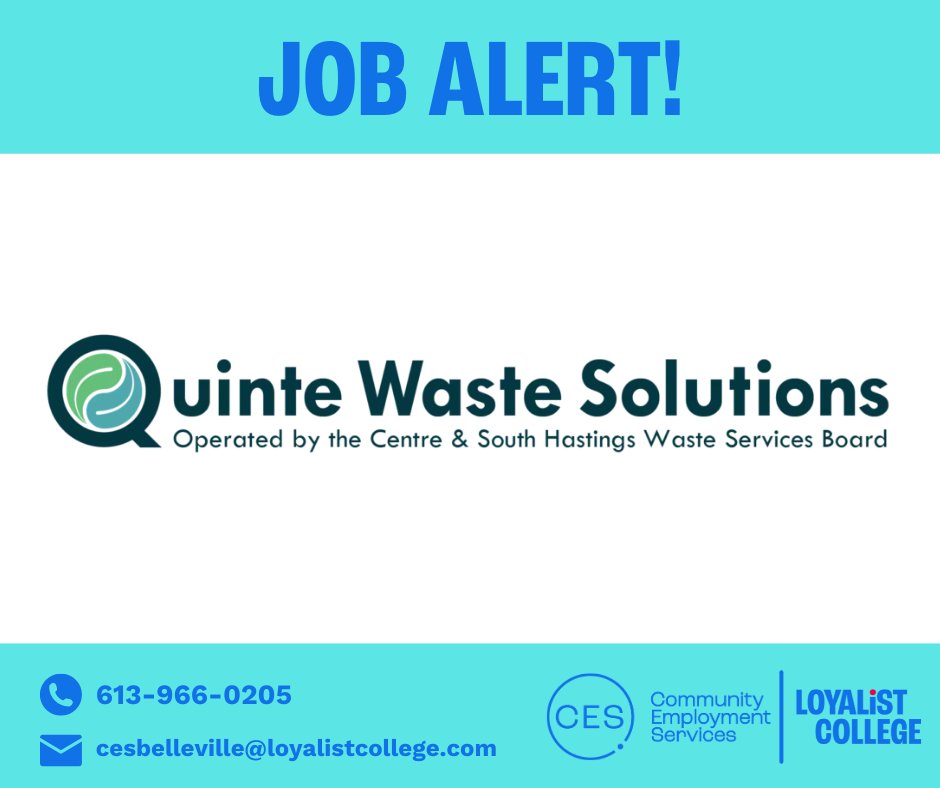 LoyalistCES's tweet photo. ⭐️ Job Alert ⭐️ Quinte Waste Solutions is hiring for a full-time Hazardous and Electronic Waste Material Handler. Apply by going to our job board https://t.co/1u6EkrJ2WN https://t.co/IYrSF8oIT9