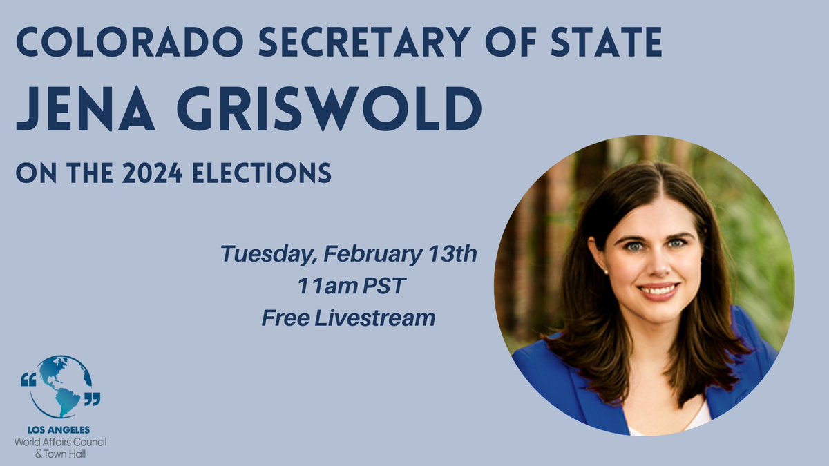 TOMORROW AT 11AM! Colorado Secretary of State @JenaGriswold on the 2024 elections. Joined by moderator @sarahdwire of the LA Times REGISTER HERE: lawacth.my.site.com/LightningMembe…