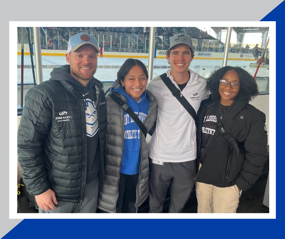 SLU AT students Tori Connelly and Nia Callion alongside alum/preceptor/adjunct faculty Alex Hubbs, MAT, ATC, EP-C and SSM Health Sports Medicine Fellow Dr. Ryan Allen, MD at the SLU Club Ice Hockey game held at the Centene Community Ice Center outdoor rink!
#SLUAT #DCHSlife