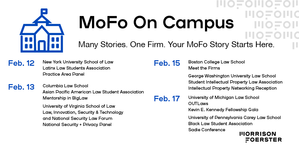 MoFoLLP's tweet image. 1Ls, we’re excited to connect with you at @BCLAW, @ColumbiaLaw, @gwlaw, @nyulaw, @UMichLaw, @pennlaw, and @UVALaw this week! For more about MoFo’s practice areas, #SummerAssociate Program, and upcoming events, register to be added to our mailing list: bit.ly/46VCme9