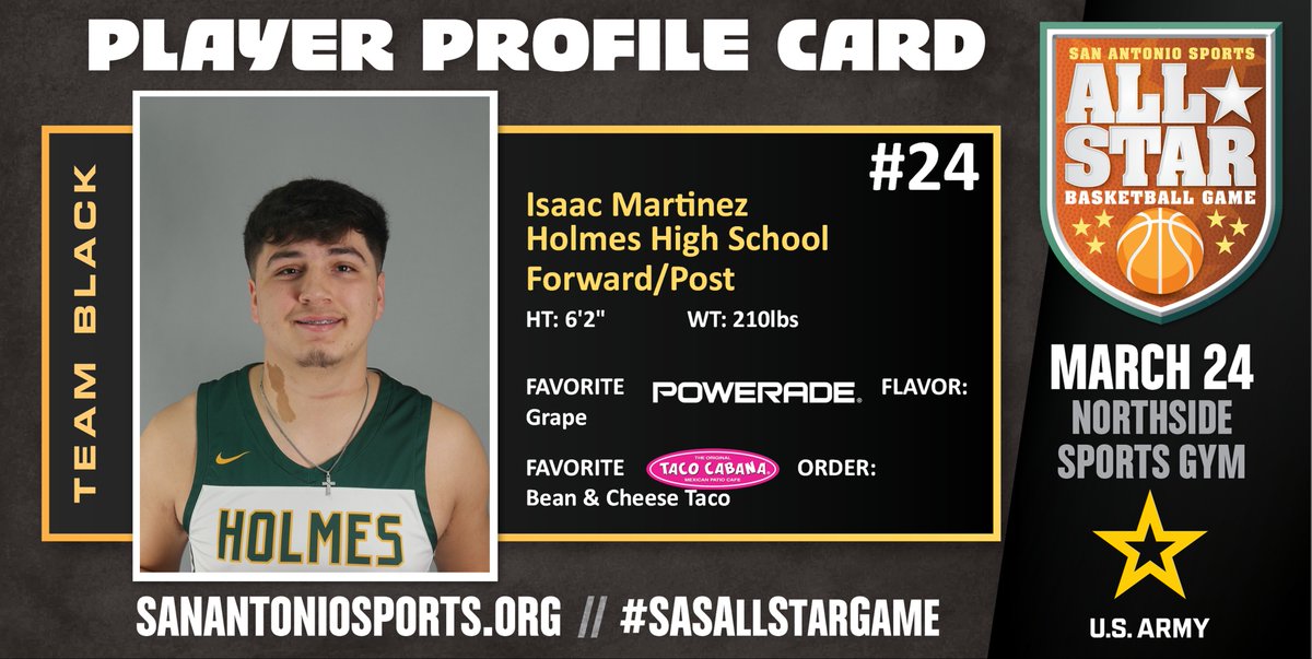 Meet @Isaacccmartinez from @SAHolmesSports who will compete in the San Antonio Sports All-Star Basketball Game at the Northside Sports Gym on March 24th! @usarmysatx #SASAllStarGame @USArmy #BeAllYouCanBe @CoachVargas1