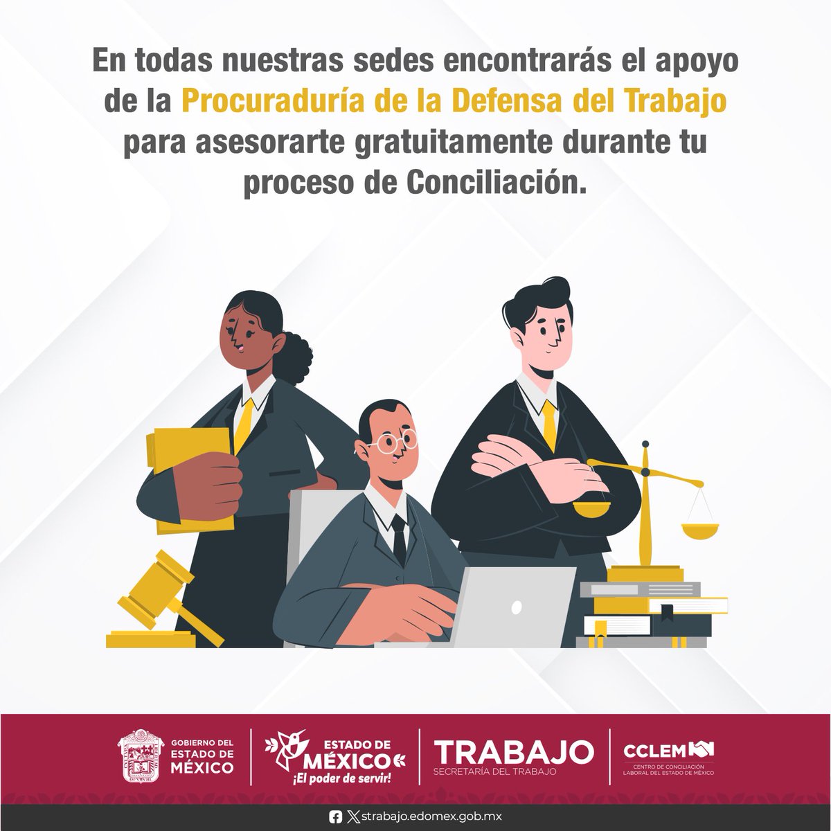 La #Conciliación es un proceso gratuito, ágil e imparcial. Durante tu #conciliación, no es necesario un representante legal; dispones de abogados de la 𝐏𝐫𝐨𝐜𝐮𝐫𝐚𝐝𝐮𝐫𝐢́𝐚 𝐝𝐞 𝐥𝐚 𝐃𝐞𝐟𝐞𝐧𝐬𝐚 𝐝𝐞𝐥 𝐓𝐫𝐚𝐛𝐚𝐣𝐨 para asesorarte #gratuitamente en todo momento. #CCLEM