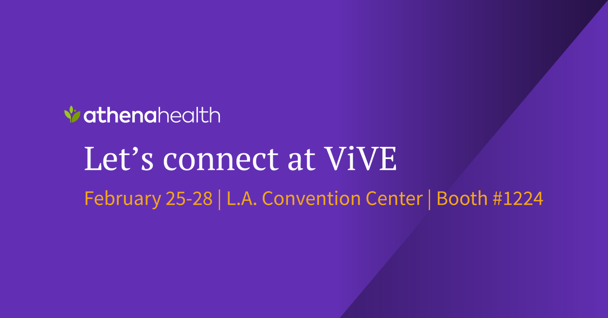 athenahealth's tweet image. If you’re looking for the future of #healthcare, you’re sure to spot it at #ViVE2024 in LA this month. Planning to attend? Meet with our team at Booth #1224 and learn how we seamlessly connect care between you, providers, and patients, right in the encounter.