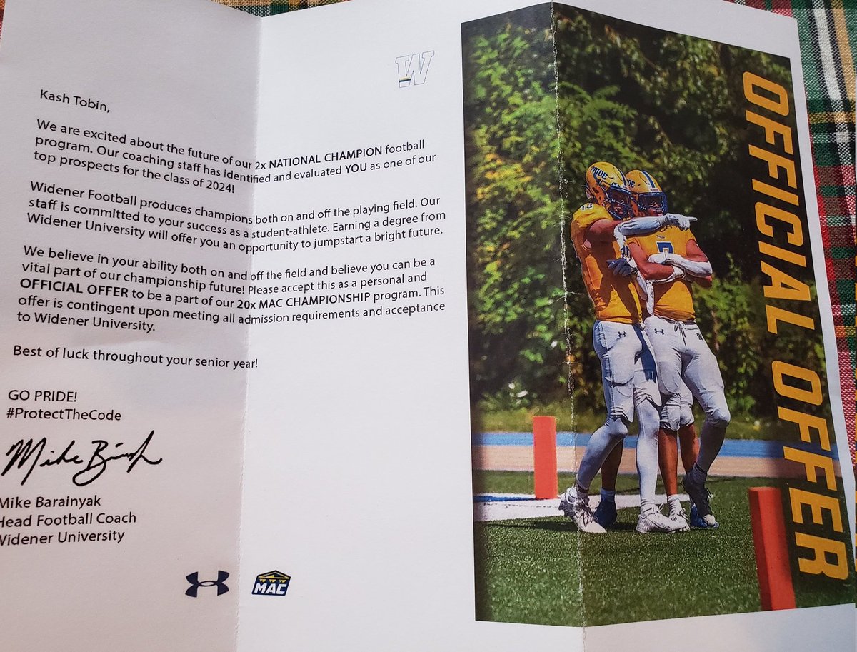 tobin_kash33's tweet photo. Thanks @Coach_Barry  appreciate the offer. And thanks for reaching out.
@Widener_FB 
#ProtectTheCode https://t.co/9YvPndp17A