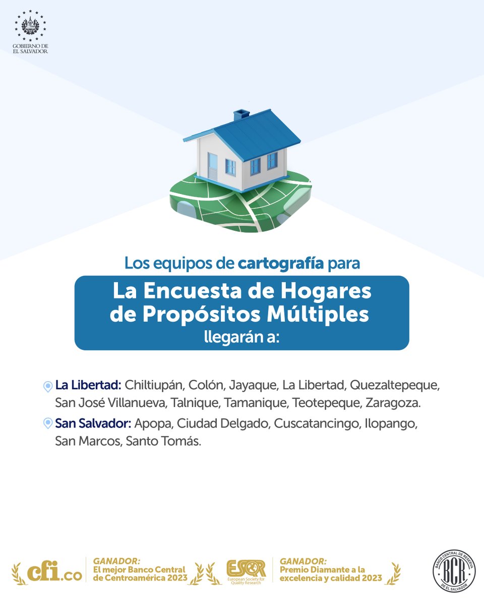 bcr_sv's tweet photo. 👉 Esta semana, nuestros equipos de cartografía para la encuesta de Hogares de Propósitos Múltiples, llegarán a estos lugares del territorio nacional ✅. https://t.co/mNKyBjGu2k